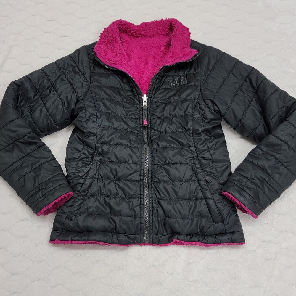 The North Face Mossbud Swirl Reversible Jacket Black Pink Fleece Girls Small